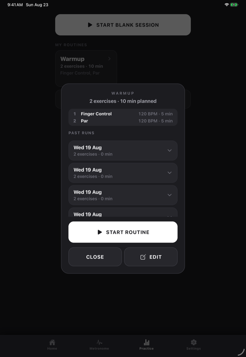 Core Tempo practice plan on iPad