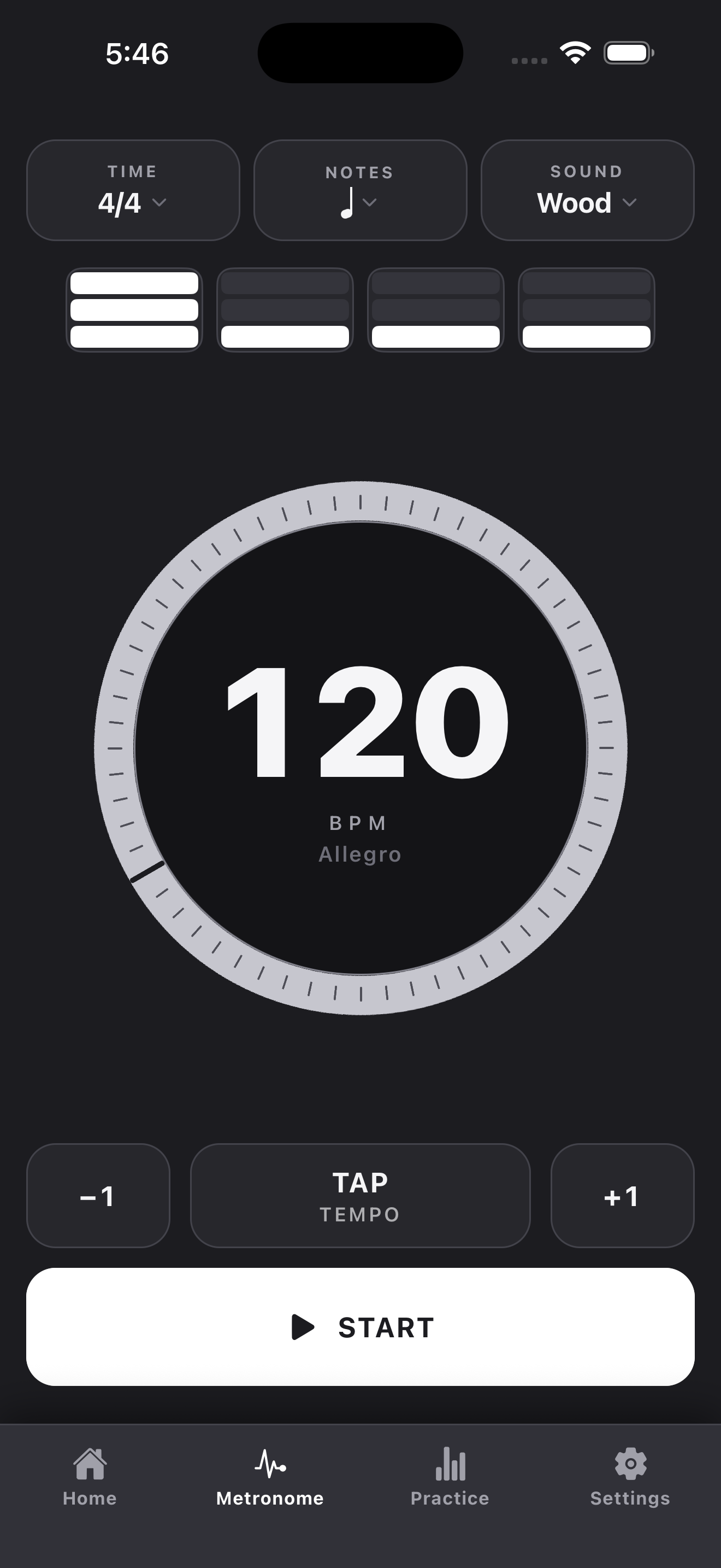 Core Tempo metronome screen showing 120 BPM at Allegro in 4/4